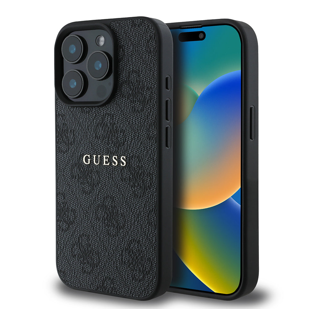 Apple iPhone 15 Pro Max Case Guess Original Licensed M-safe Charging Feature 4G Pattern Text Logo Cover Black