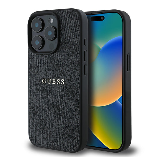 Apple iPhone 15 Pro Max Case Guess Original Licensed M-safe Charging Feature 4G Pattern Text Logo Cover Black