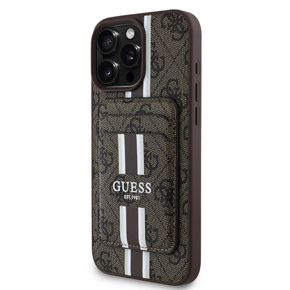 Apple iPhone 15 Pro Max Kılıf Guess Orjinal Lisanslı M-safe Şarj Özellikli 4G Desenli Çizgili Kartlıklı Kapak Siyah