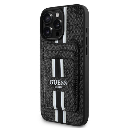 Apple iPhone 15 Pro Max Kılıf Guess Orjinal Lisanslı M-safe Şarj Özellikli 4G Desenli Çizgili Kartlıklı Kapak Siyah