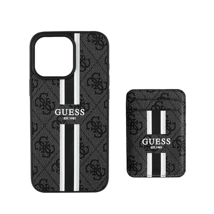 Apple iPhone 15 Pro Max Kılıf Guess Orjinal Lisanslı M-safe Şarj Özellikli 4G Desenli Çizgili Kartlıklı Kapak Siyah