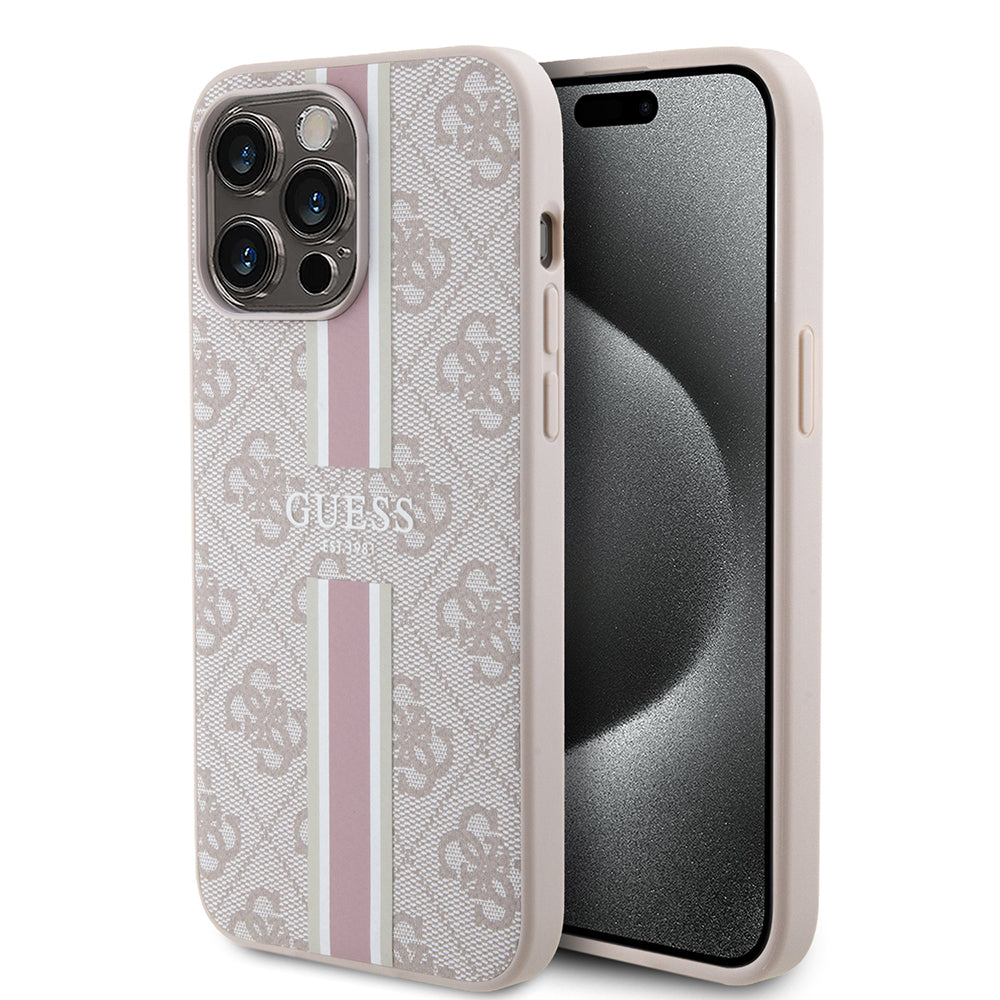 Apple iPhone 15 Pro Max Case Guess Original Licensed M-safe Charging Feature 4G Stripe Design Printed Cover Pink