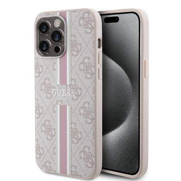 Apple iPhone 15 Pro Max Case Guess Original Licensed M-safe Charging Feature 4G Stripe Design Printed Cover Pink