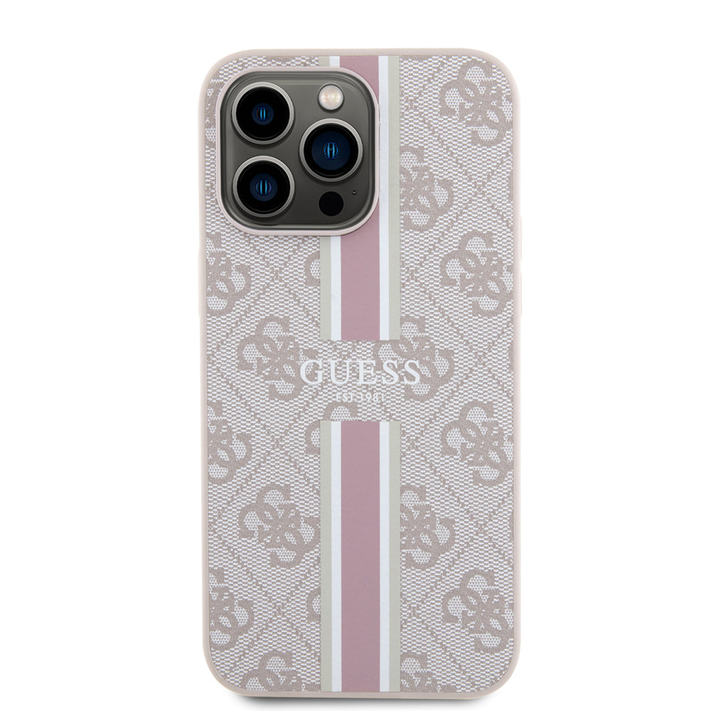 Apple iPhone 15 Pro Max Case Guess Original Licensed M-safe Charging Feature 4G Stripe Design Printed Cover Pink