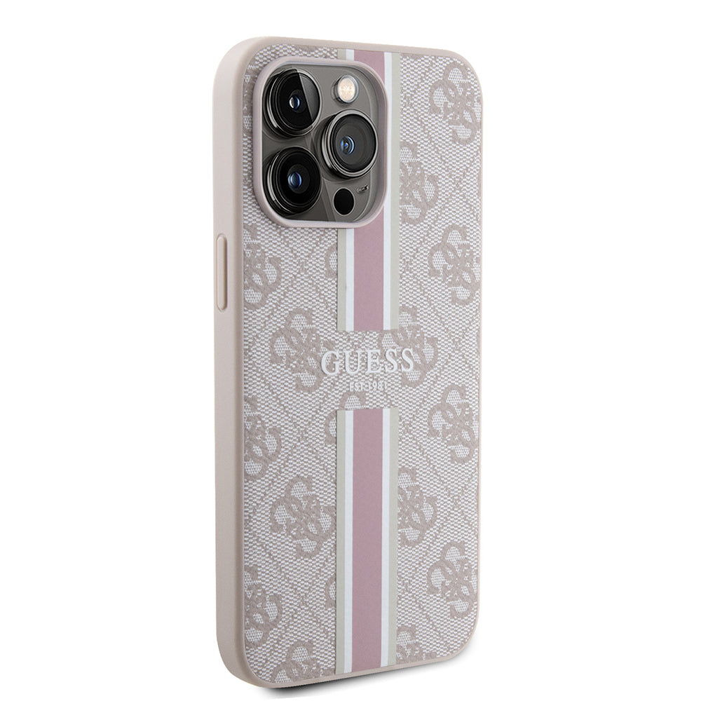 Apple iPhone 15 Pro Max Case Guess Original Licensed M-safe Charging Feature 4G Stripe Design Printed Cover Brown