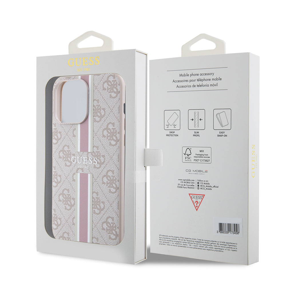 Apple iPhone 15 Pro Max Case Guess Original Licensed M-safe Charging Feature 4G Stripe Design Printed Cover Pink