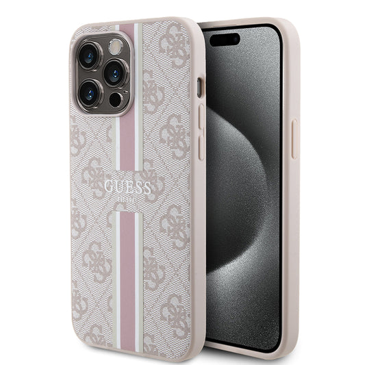Apple iPhone 15 Pro Max Case Guess Original Licensed M-safe Charging Feature 4G Stripe Design Printed Cover Pink