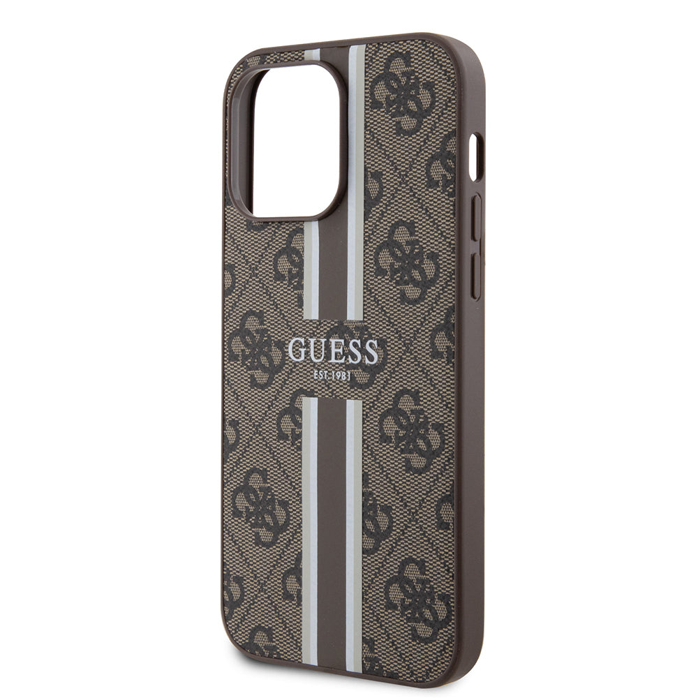 Apple iPhone 15 Pro Max Case Guess Original Licensed M-safe Charging Feature 4G Stripe Design Printed Cover Brown