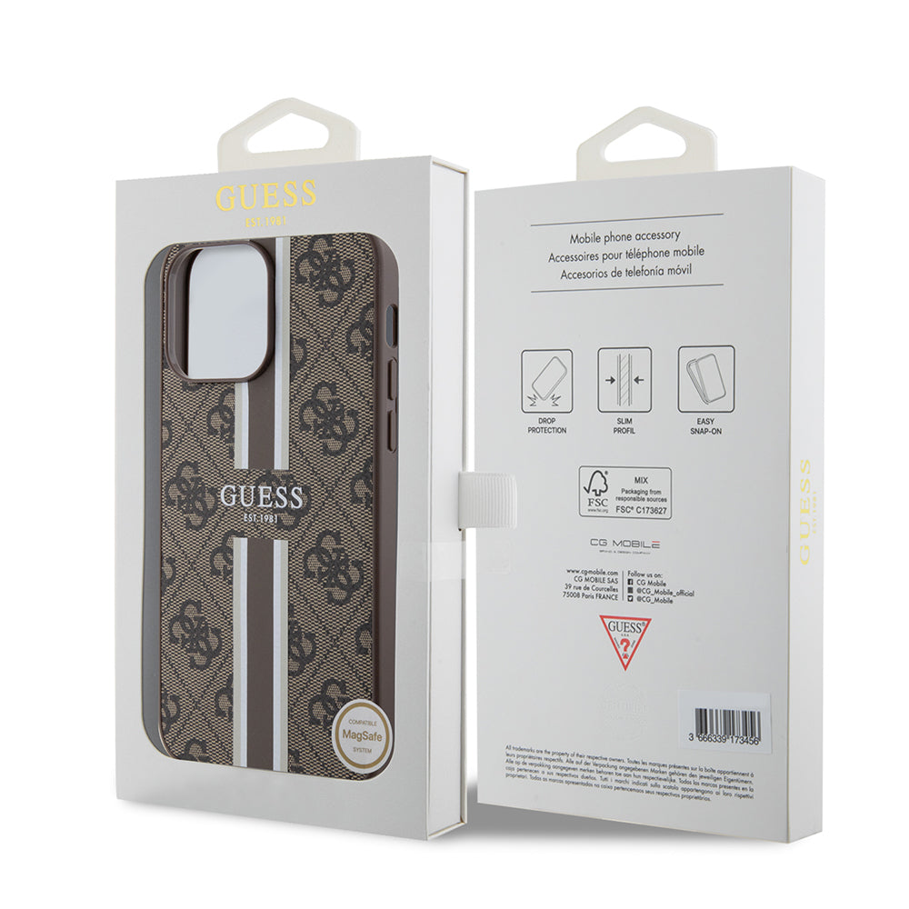 Apple iPhone 15 Pro Max Case Guess Original Licensed M-safe Charging Feature 4G Stripe Design Printed Cover Brown