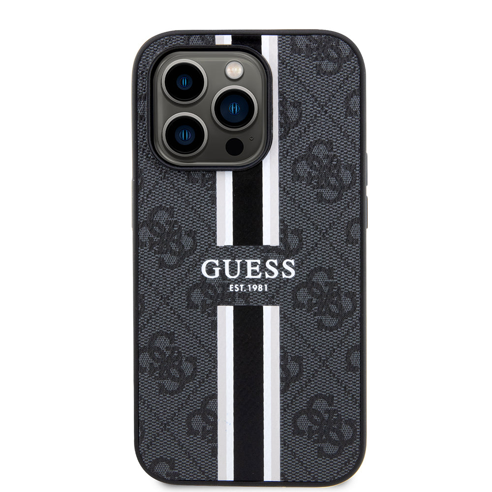 Apple iPhone 15 Pro Max Case Guess Original Licensed M-safe Charging Feature 4G Stripe Design Printed Cover Brown