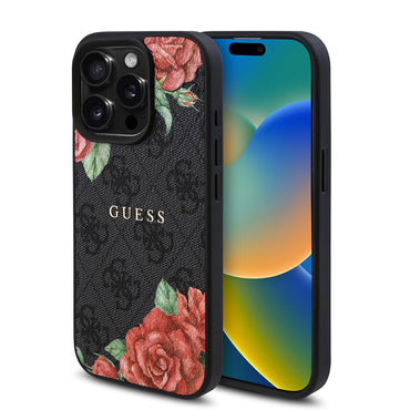 Apple iPhone 15 Pro Max Case Guess Original Licensed M-safe Charging Feature Rose Printed 4G Patterned Text Logo Cover Brown