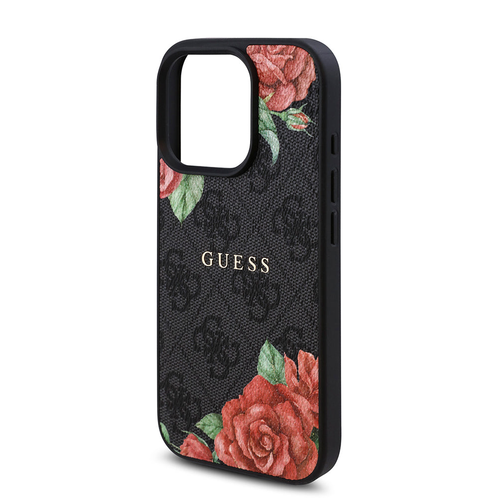 Apple iPhone 15 Pro Max Case Guess Original Licensed M-safe Charging Feature Rose Printed 4G Patterned Text Logo Cover Brown