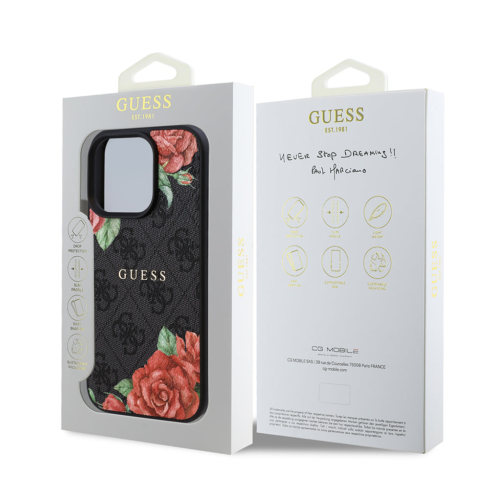 Apple iPhone 15 Pro Max Case Guess Original Licensed M-safe Charging Feature Rose Printed 4G Patterned Text Logo Cover Brown