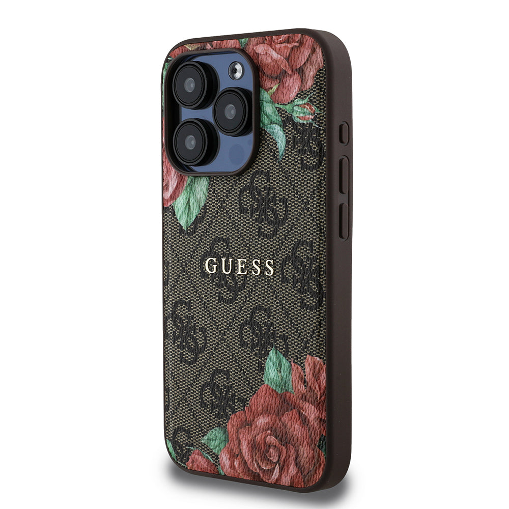 Apple iPhone 15 Pro Max Case Guess Original Licensed M-safe Charging Feature Rose Printed 4G Patterned Text Logo Cover Brown