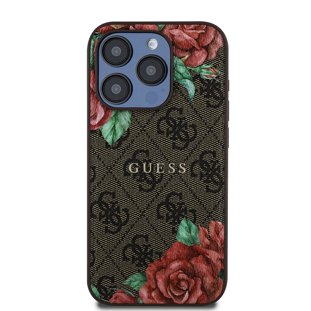 Apple iPhone 15 Pro Max Case Guess Original Licensed M-safe Charging Feature Rose Printed 4G Patterned Text Logo Cover Brown