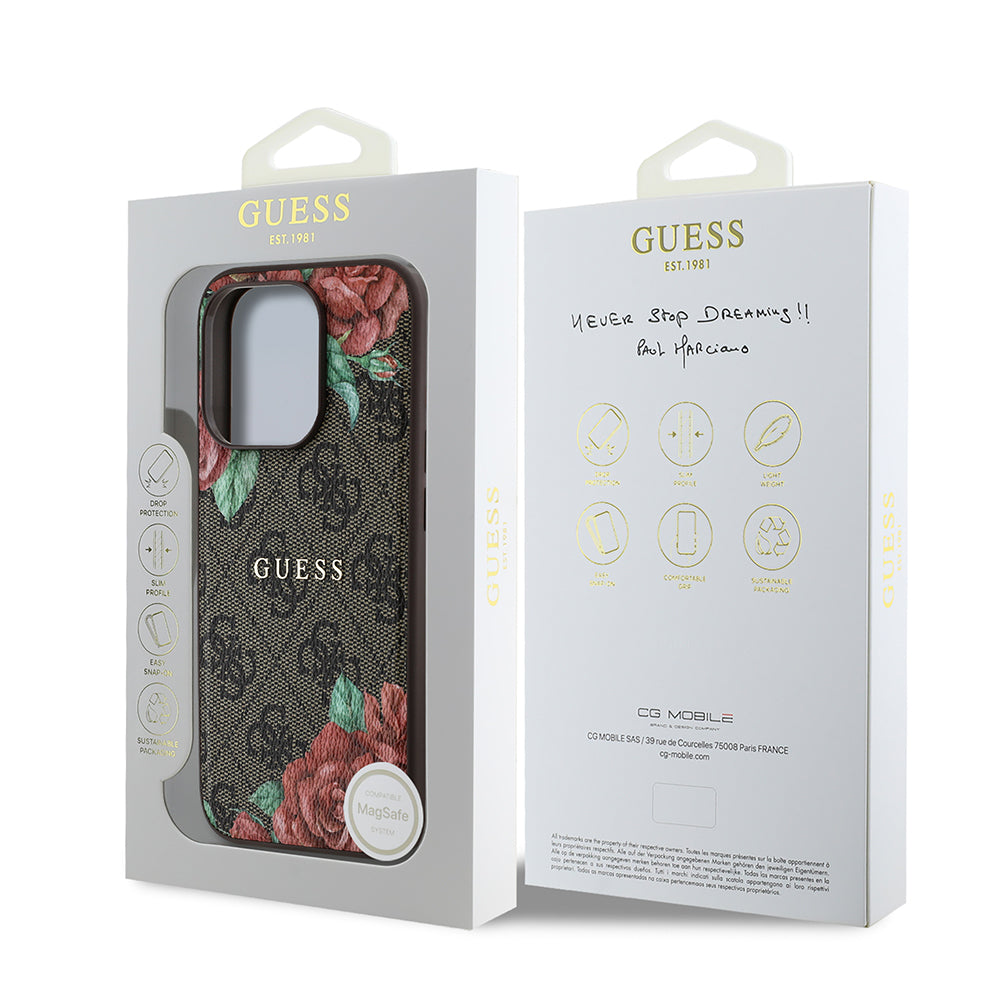 Apple iPhone 15 Pro Max Case Guess Original Licensed M-safe Charging Feature Rose Printed 4G Patterned Text Logo Cover Brown
