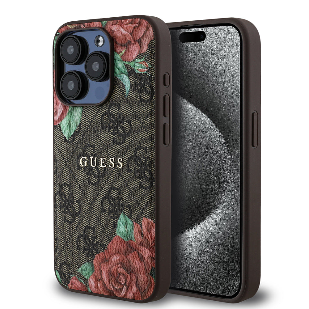Apple iPhone 15 Pro Max Case Guess Original Licensed M-safe Charging Feature Rose Printed 4G Patterned Text Logo Cover Brown