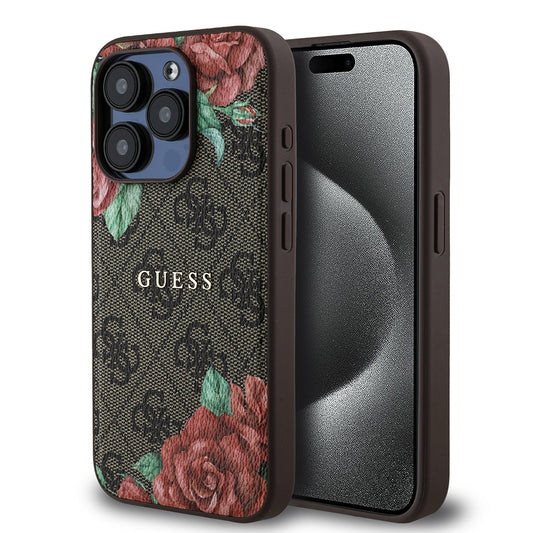 Apple iPhone 15 Pro Max Case Guess Original Licensed M-safe Charging Feature Rose Printed 4G Patterned Text Logo Cover Brown