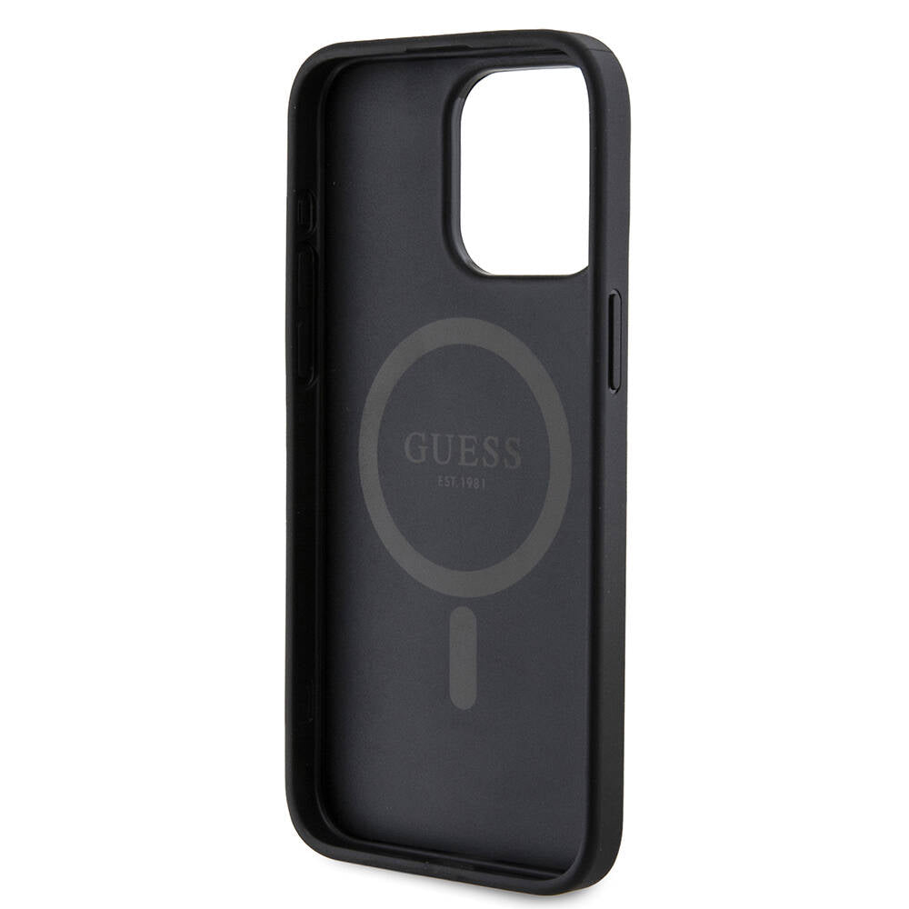 Apple iPhone 15 Pro Max Case Guess Original Licensed M-safe Charging Feature PU Ring 4G Patterned Text Logo Cover Black