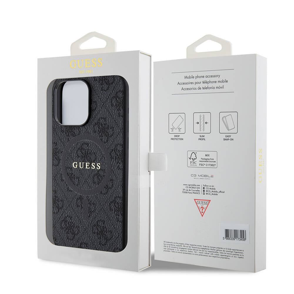 Apple iPhone 15 Pro Max Case Guess Original Licensed M-safe Charging Feature PU Ring 4G Patterned Text Logo Cover Brown