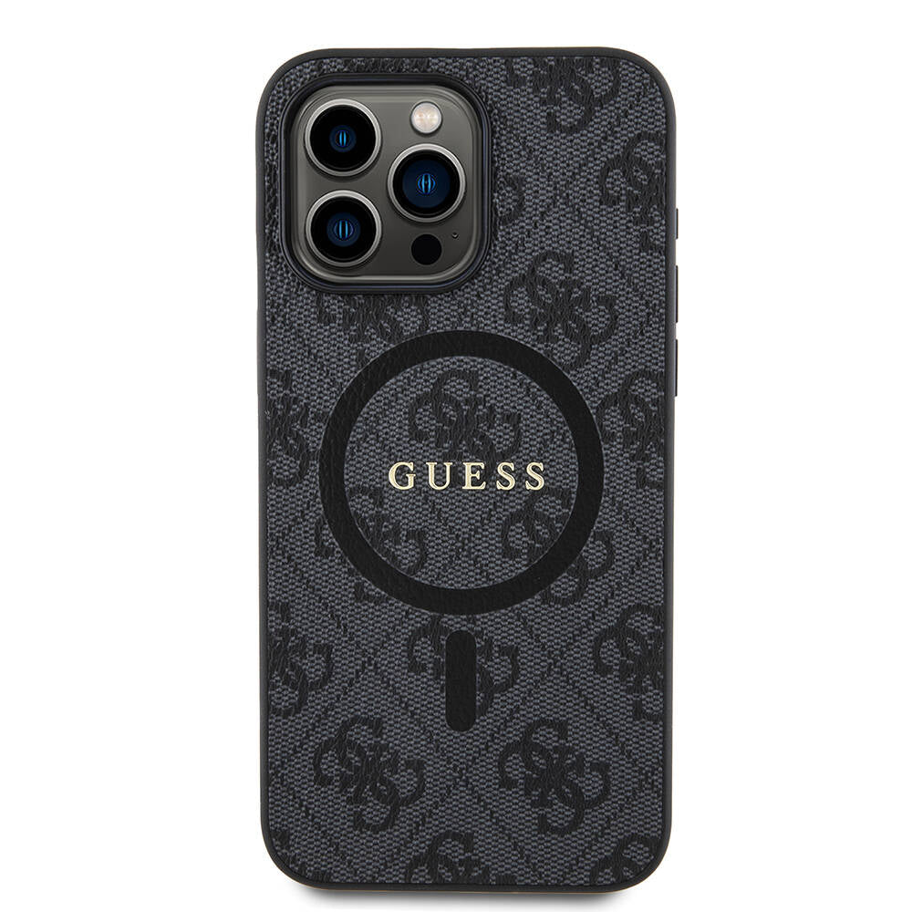 Apple iPhone 15 Pro Max Case Guess Original Licensed M-safe Charging Feature PU Ring 4G Patterned Text Logo Cover Black