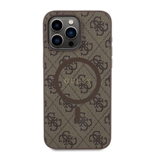 Apple iPhone 15 Pro Max Case Guess Original Licensed M-safe Charging Feature PU Ring 4G Patterned Text Logo Cover Brown