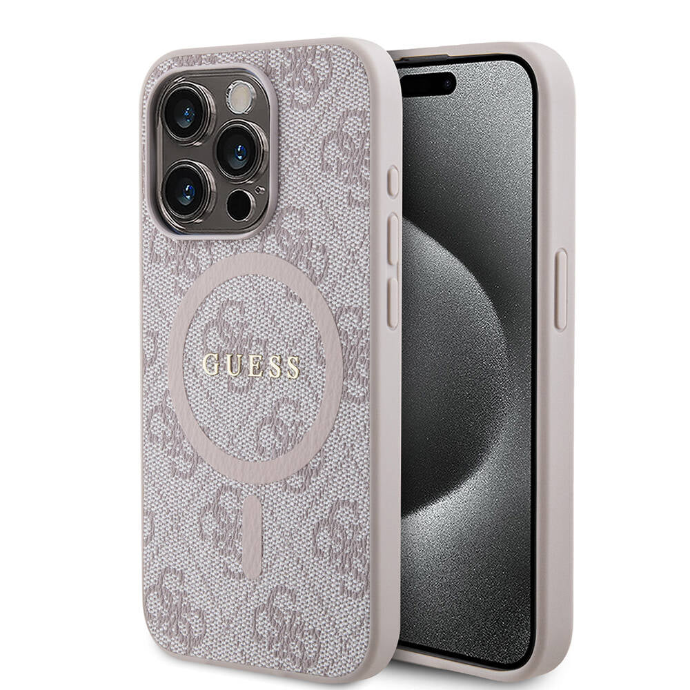 Apple iPhone 15 Pro Max Case Guess Original Licensed M-safe Charging Feature PU Ring 4G Patterned Text Logo Cover Pink