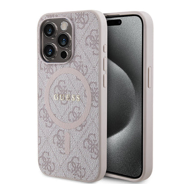 Apple iPhone 15 Pro Max Case Guess Original Licensed M-safe Charging Feature PU Ring 4G Patterned Text Logo Cover Pink