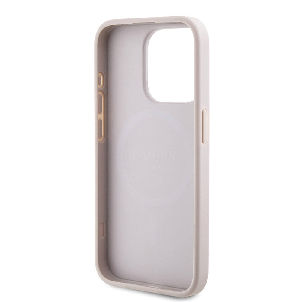 Apple iPhone 15 Pro Max Case Guess Original Licensed M-safe Charging Feature PU Ring 4G Patterned Text Logo Cover Pink