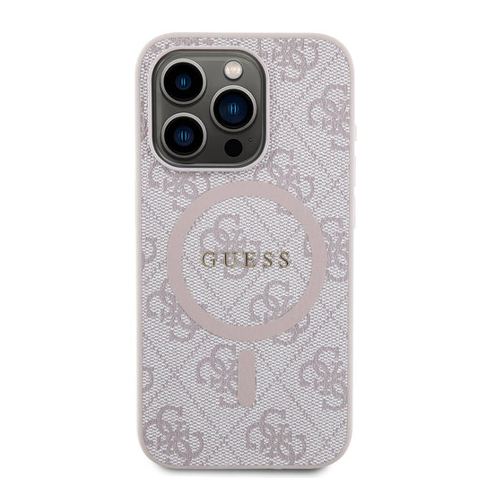 Apple iPhone 15 Pro Max Case Guess Original Licensed M-safe Charging Feature PU Ring 4G Patterned Text Logo Cover Pink