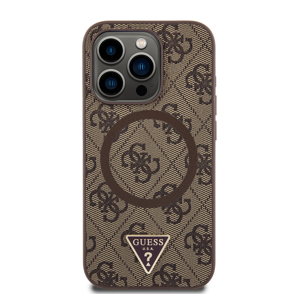 Apple iPhone 15 Pro Max Case Guess Original Licensed M-safe Charging Feature PU Triangle Logo 4G Patterned Cover Pink
