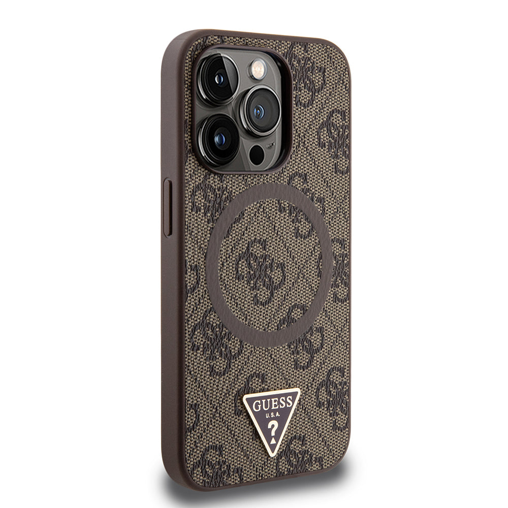 Apple iPhone 15 Pro Max Case Guess Original Licensed M-safe Charging Feature PU Triangle Logo 4G Patterned Cover Brown