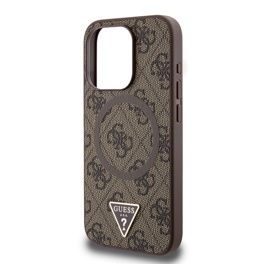 Apple iPhone 15 Pro Max Case Guess Original Licensed M-safe Charging Feature PU Triangle Logo 4G Patterned Cover Pink