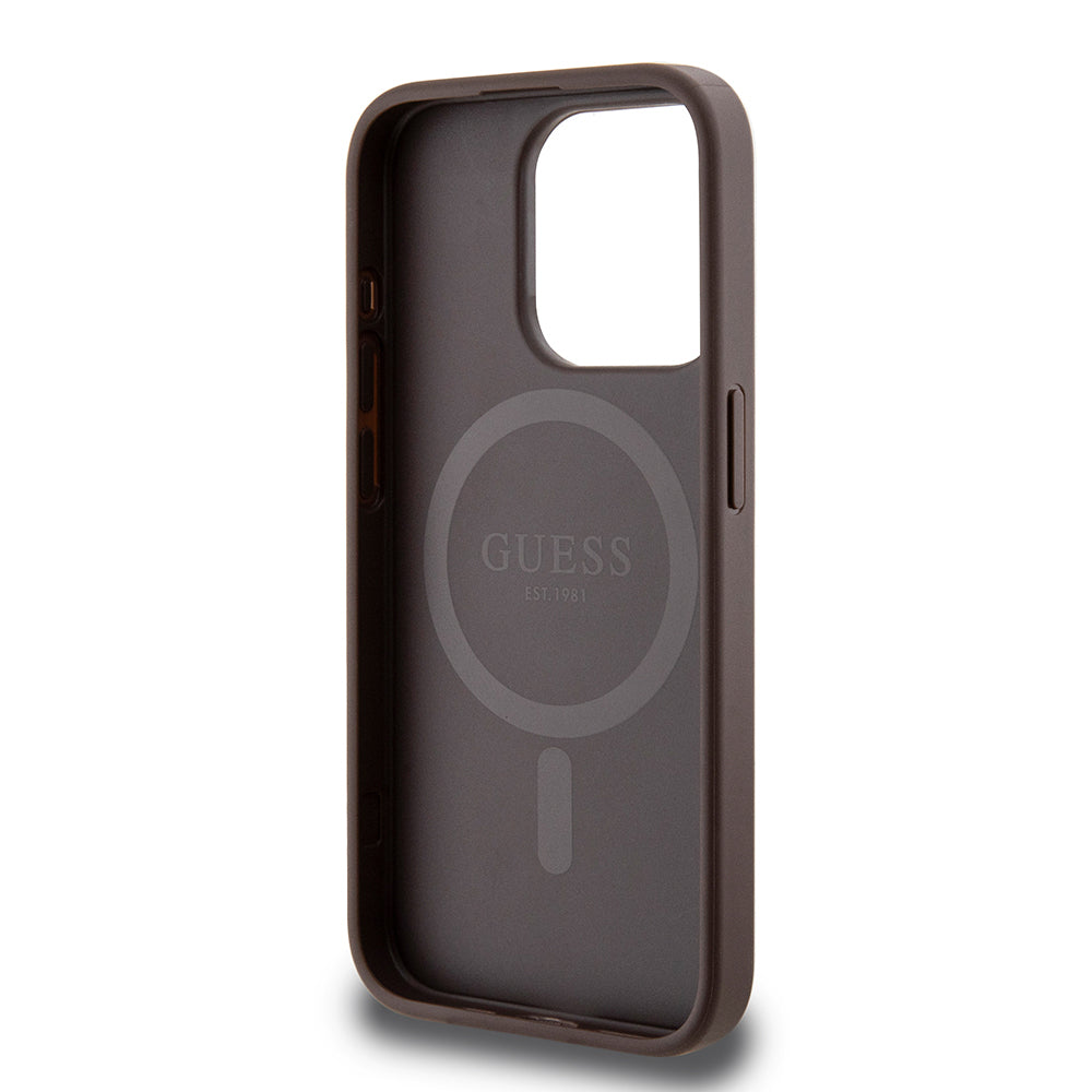 Apple iPhone 15 Pro Max Case Guess Original Licensed M-safe Charging Feature PU Triangle Logo 4G Patterned Cover Brown