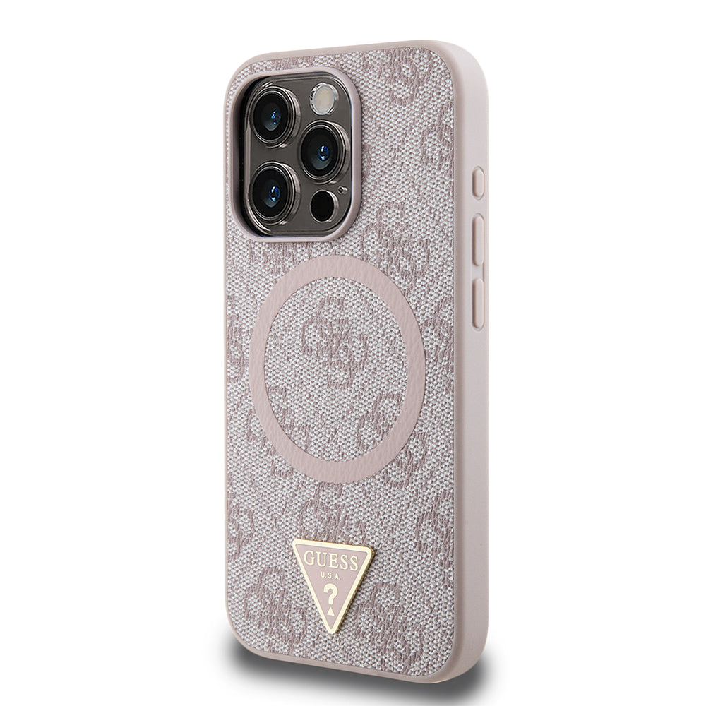 Apple iPhone 15 Pro Max Case Guess Original Licensed M-safe Charging Feature PU Triangle Logo 4G Patterned Cover Pink