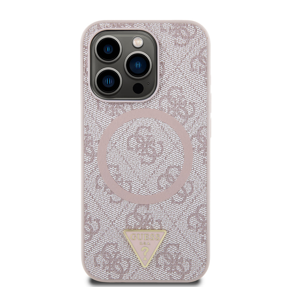 Apple iPhone 15 Pro Max Case Guess Original Licensed M-safe Charging Feature PU Triangle Logo 4G Patterned Cover Pink