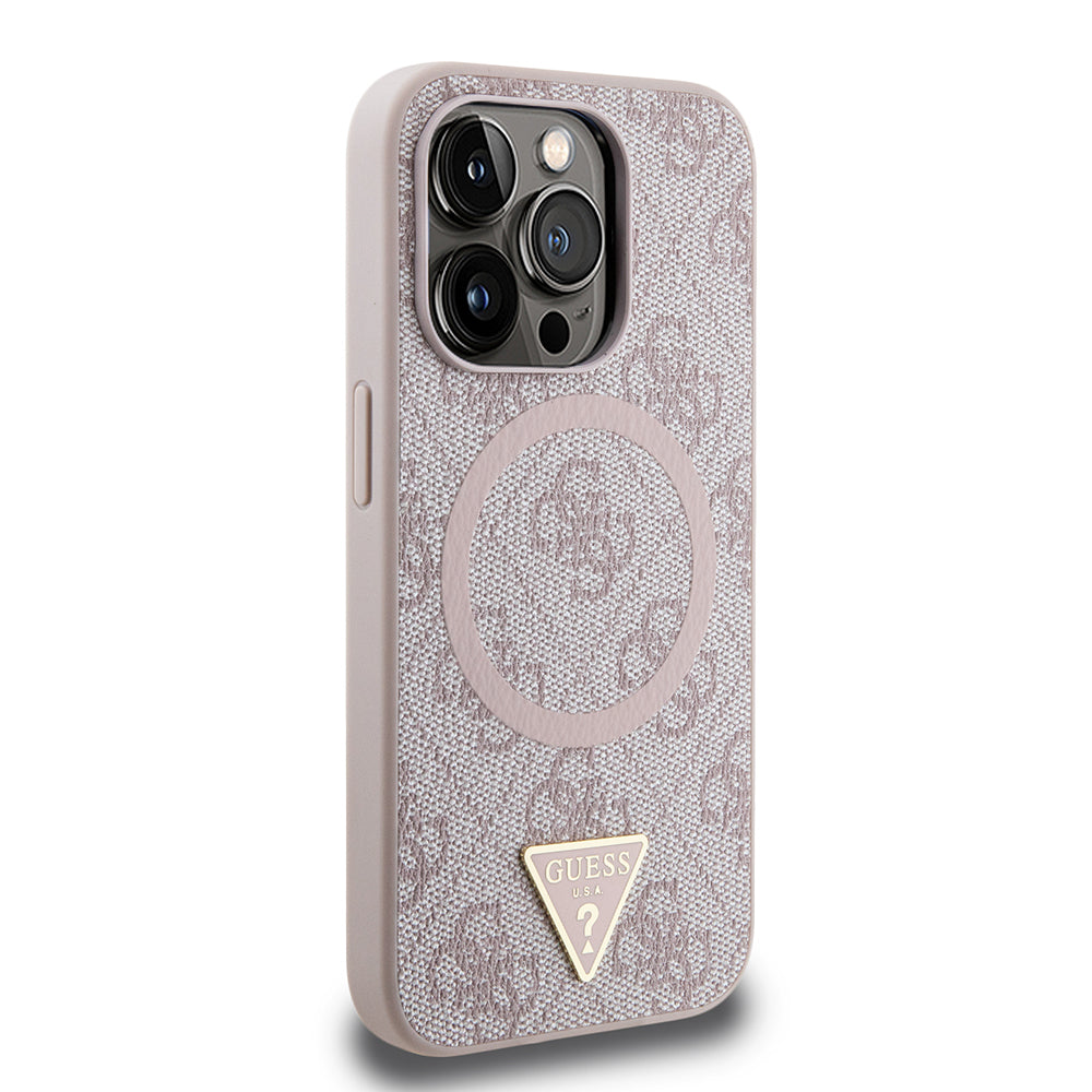 Apple iPhone 15 Pro Max Case Guess Original Licensed M-safe Charging Feature PU Triangle Logo 4G Patterned Cover Pink