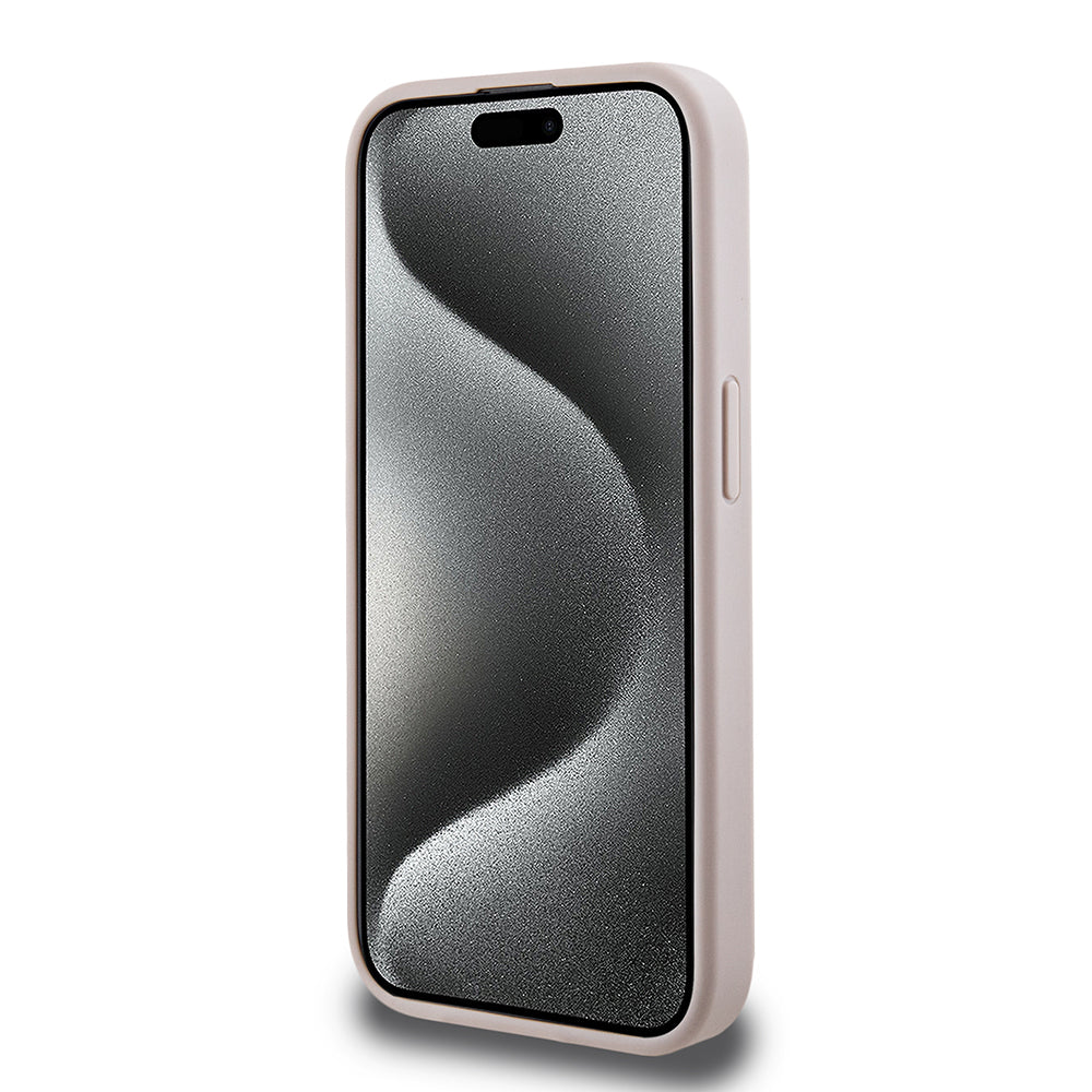 Apple iPhone 15 Pro Max Case Guess Original Licensed M-safe Charging Feature PU Triangle Logo 4G Patterned Cover Pink