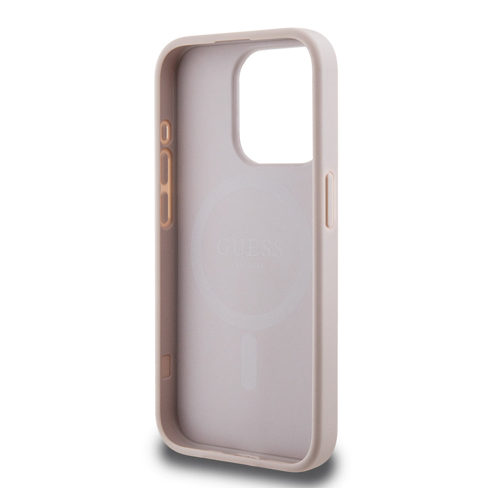 Apple iPhone 15 Pro Max Case Guess Original Licensed M-safe Charging Feature PU Triangle Logo 4G Patterned Cover Pink