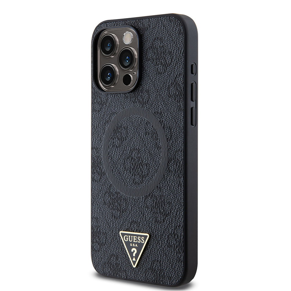 Apple iPhone 15 Pro Max Case Guess Original Licensed M-safe Charging Feature PU Triangle Logo 4G Patterned Cover Pink