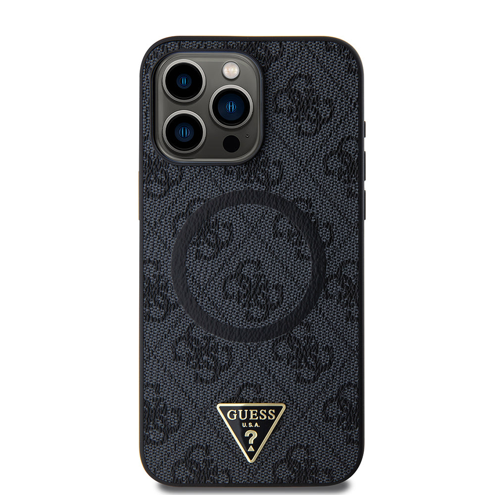 Apple iPhone 15 Pro Max Case Guess Original Licensed M-safe Charging Feature PU Triangle Logo 4G Patterned Cover Brown