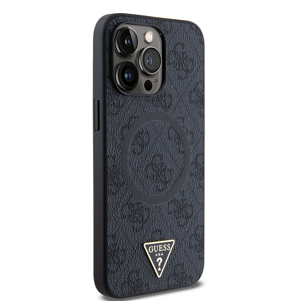 Apple iPhone 15 Pro Max Case Guess Original Licensed M-safe Charging Feature PU Triangle Logo 4G Patterned Cover Brown