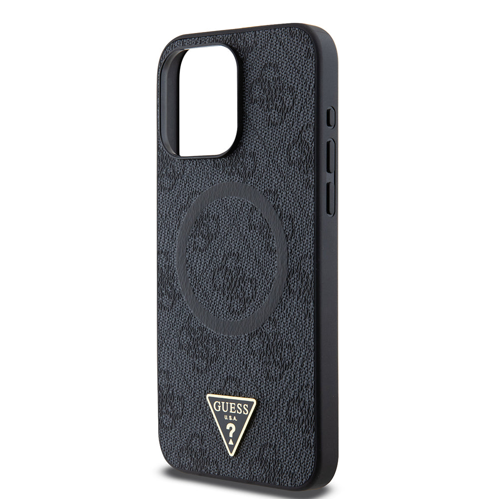 Apple iPhone 15 Pro Max Case Guess Original Licensed M-safe Charging Feature PU Triangle Logo 4G Patterned Cover Pink