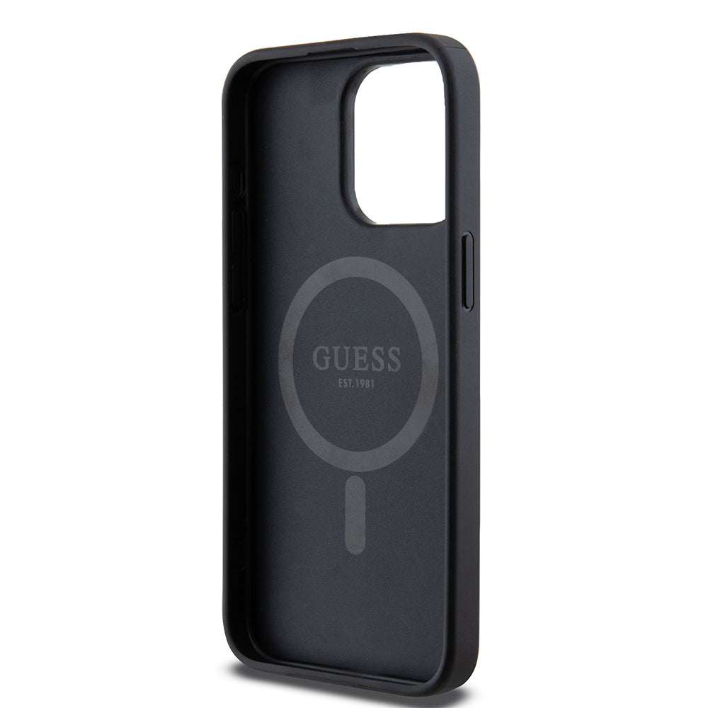 Apple iPhone 15 Pro Max Case Guess Original Licensed M-safe Charging Feature PU Triangle Logo 4G Patterned Cover Black
