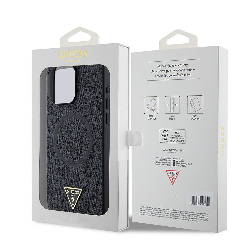Apple iPhone 15 Pro Max Case Guess Original Licensed M-safe Charging Feature PU Triangle Logo 4G Patterned Cover Brown