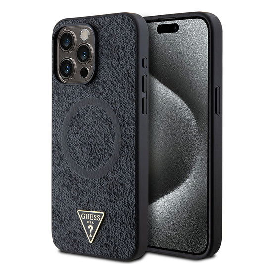 Apple iPhone 15 Pro Max Case Guess Original Licensed M-safe Charging Feature PU Triangle Logo 4G Patterned Cover Black
