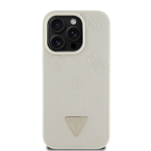 Apple iPhone 15 Pro Max Case Guess Original Licensed M-safe Charging Feature Hot Printed Triangle Logo PU Leather Peony Cover Beige