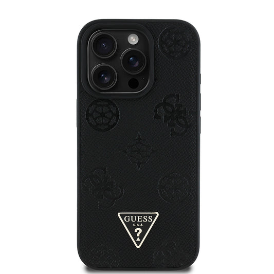Apple iPhone 15 Pro Max Case Guess Original Licensed M-Safe Charging Feature Hot Printed Triangle Logo PU Leather Peony Cover Black