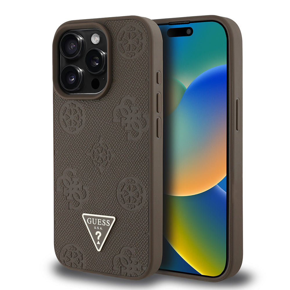 Apple iPhone 15 Pro Max Case Guess Original Licensed M-Safe Charging Feature Hot Printed Triangle Logo PU Leather Peony Cover Brown