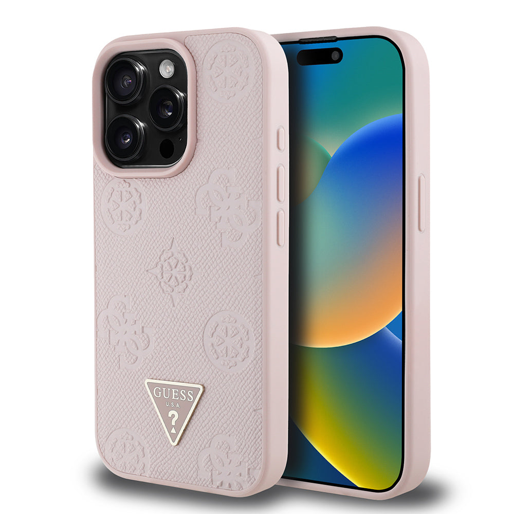 Apple iPhone 15 Pro Max Case Guess Original Licensed M-Safe Charging Feature Hot Printed Triangle Logo PU Leather Peony Cover Black